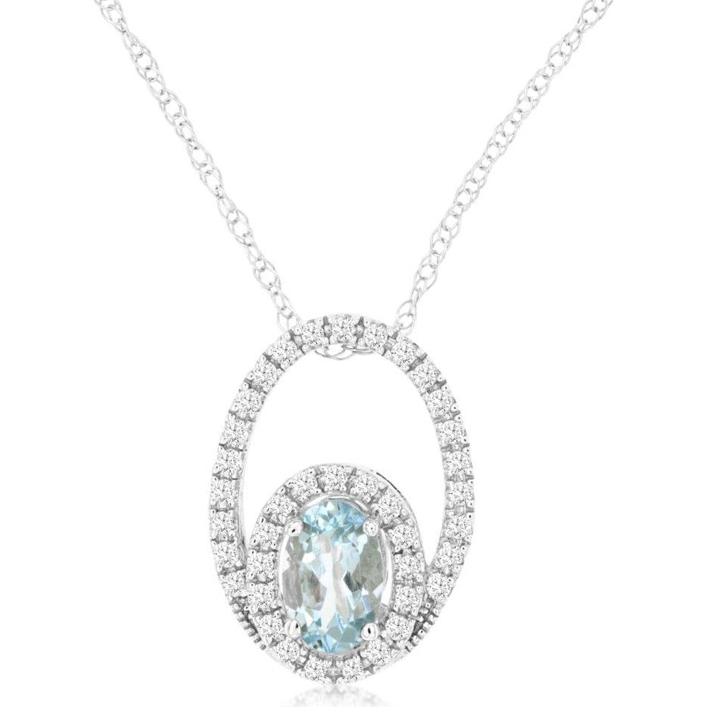 14K White Gold Pendant Necklace with Oval Aquamarine and Diamond Halo Frame - 0.42ct Aquamarine and 0.15ct Total Diamond Weight - Royal Jewelry