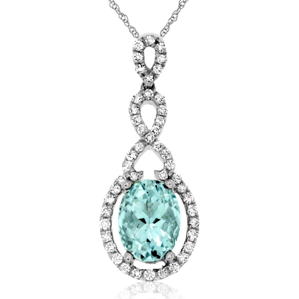 14K White Gold Pendant Necklace with Oval Aquamarine and Pave-Set Diamond Infinity Bail - 1.10 Carat Aquamarine and 0.26 Carat Total Diamond Weight - Royal Jewelry