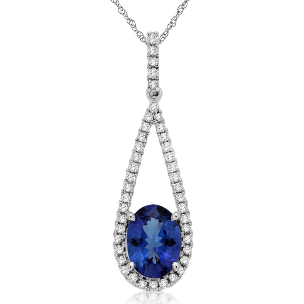 14K White Gold Pendant Necklace with Oval-Cut Tanzanite and Diamond Halo - 1.30 Carat Tanzanite and 0.23 Carat Diamond Total Weight - Royal Jewelry