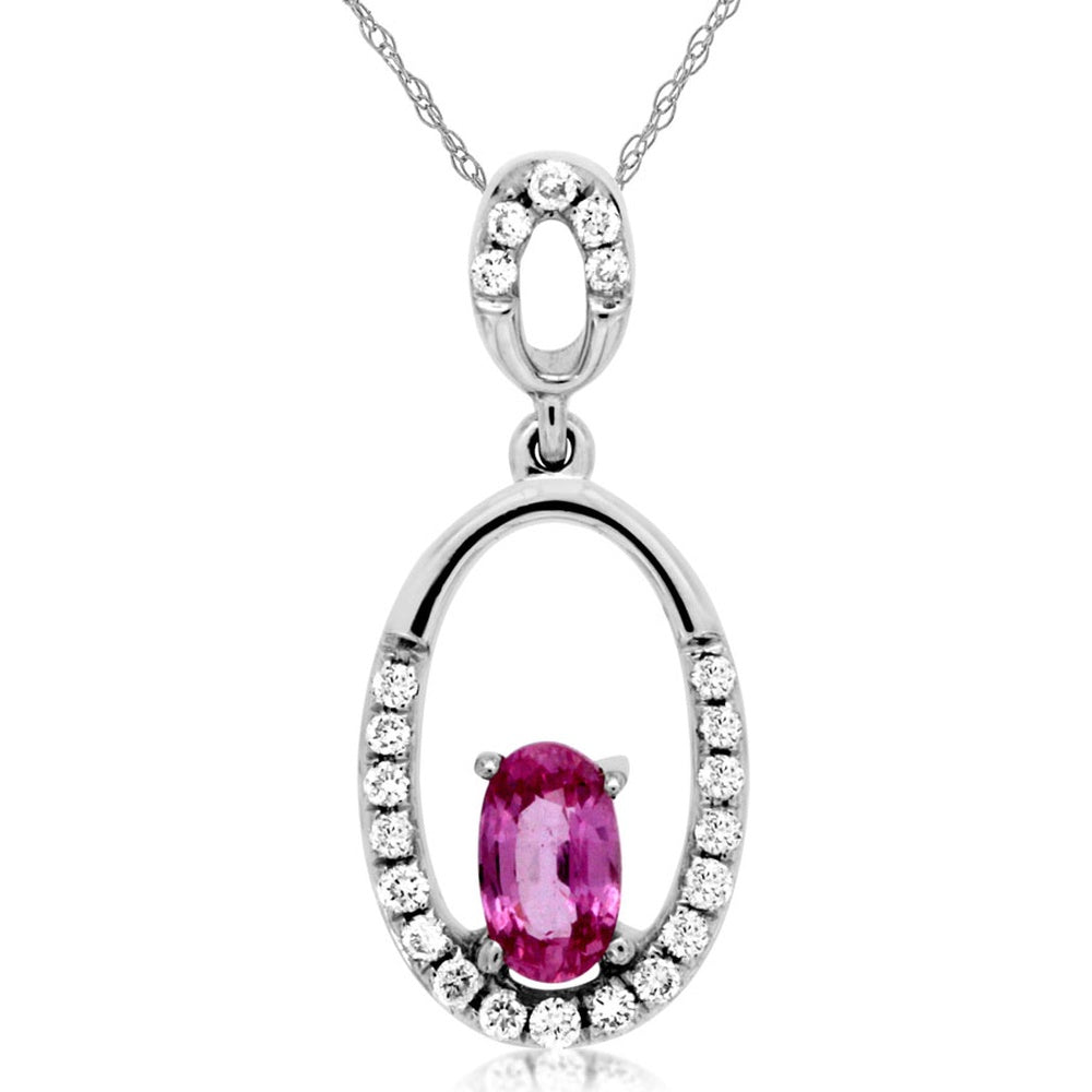 14K White Gold Pendant Necklace with Oval Pink Sapphire and Diamond Halo - 0.30 Carat Pink Sapphire and 0.10 Carat Total Diamond Weight - Royal Jewelry