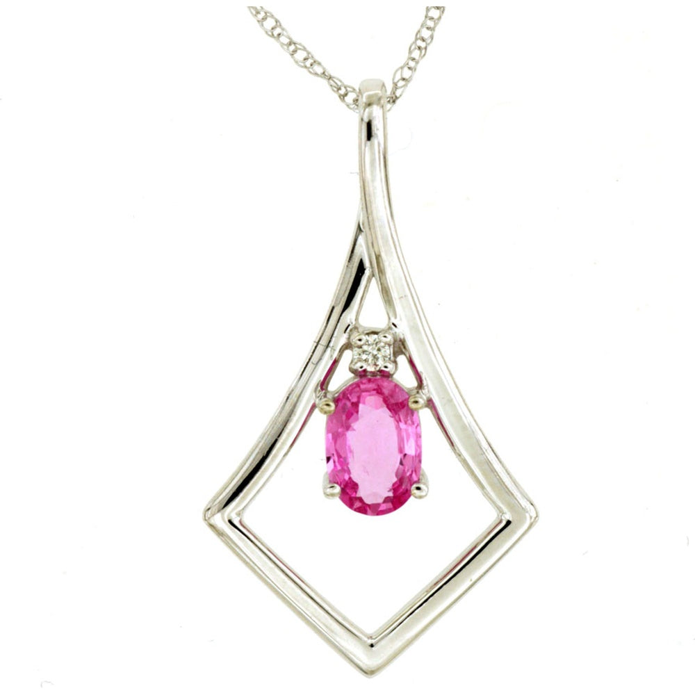 14K White Gold Pendant Necklace with Oval Pink Sapphire and Round Diamond Accent - 0.65 Carat Pink Sapphire and 0.02 Carat Diamond Total Weight - Royal Jewelry