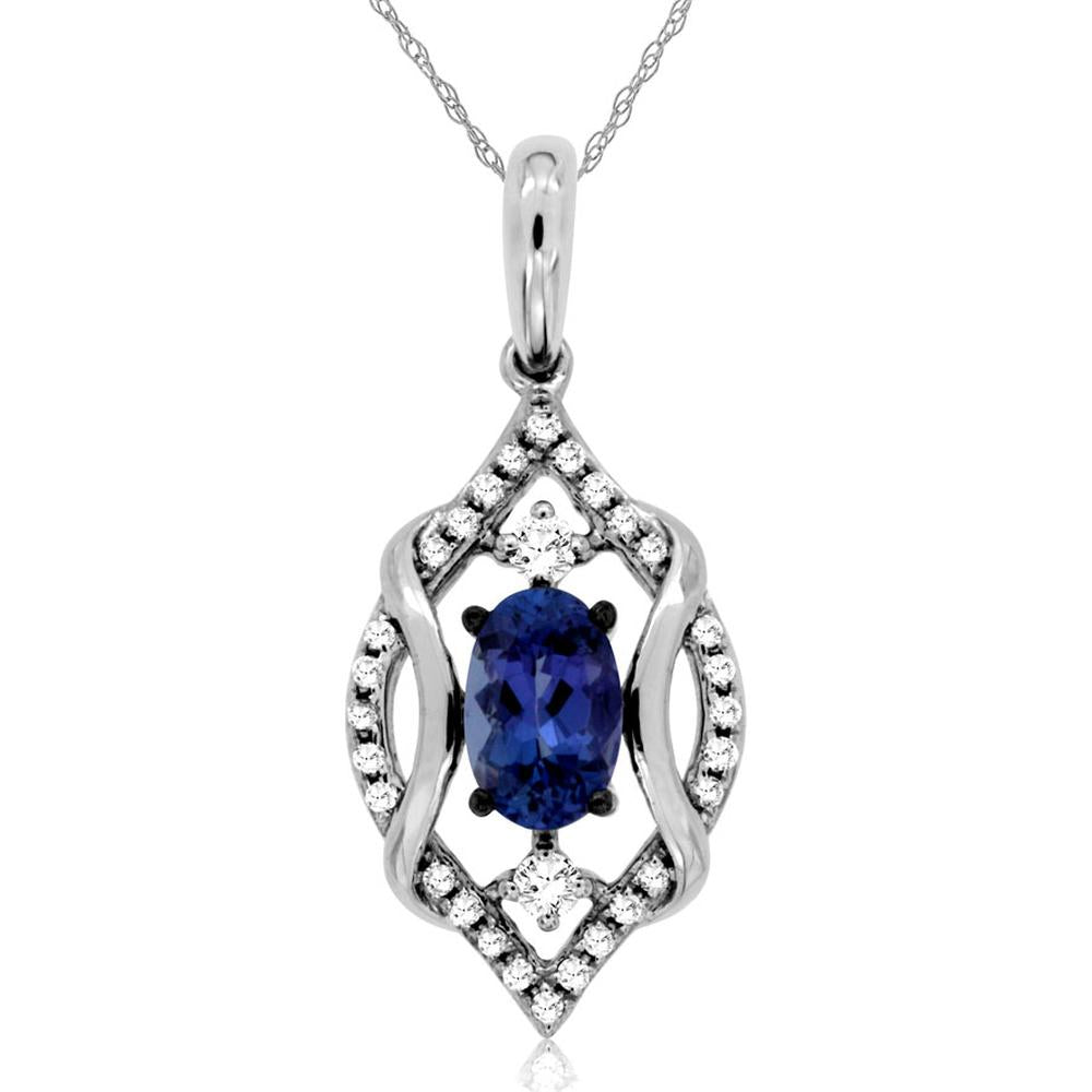 14K White Gold Pendant Necklace with Oval Tanzanite and Diamond Accented Openwork Halo - 0.50 Carat Tanzanite and 0.12 Carat Diamonds - Royal Jewelry
