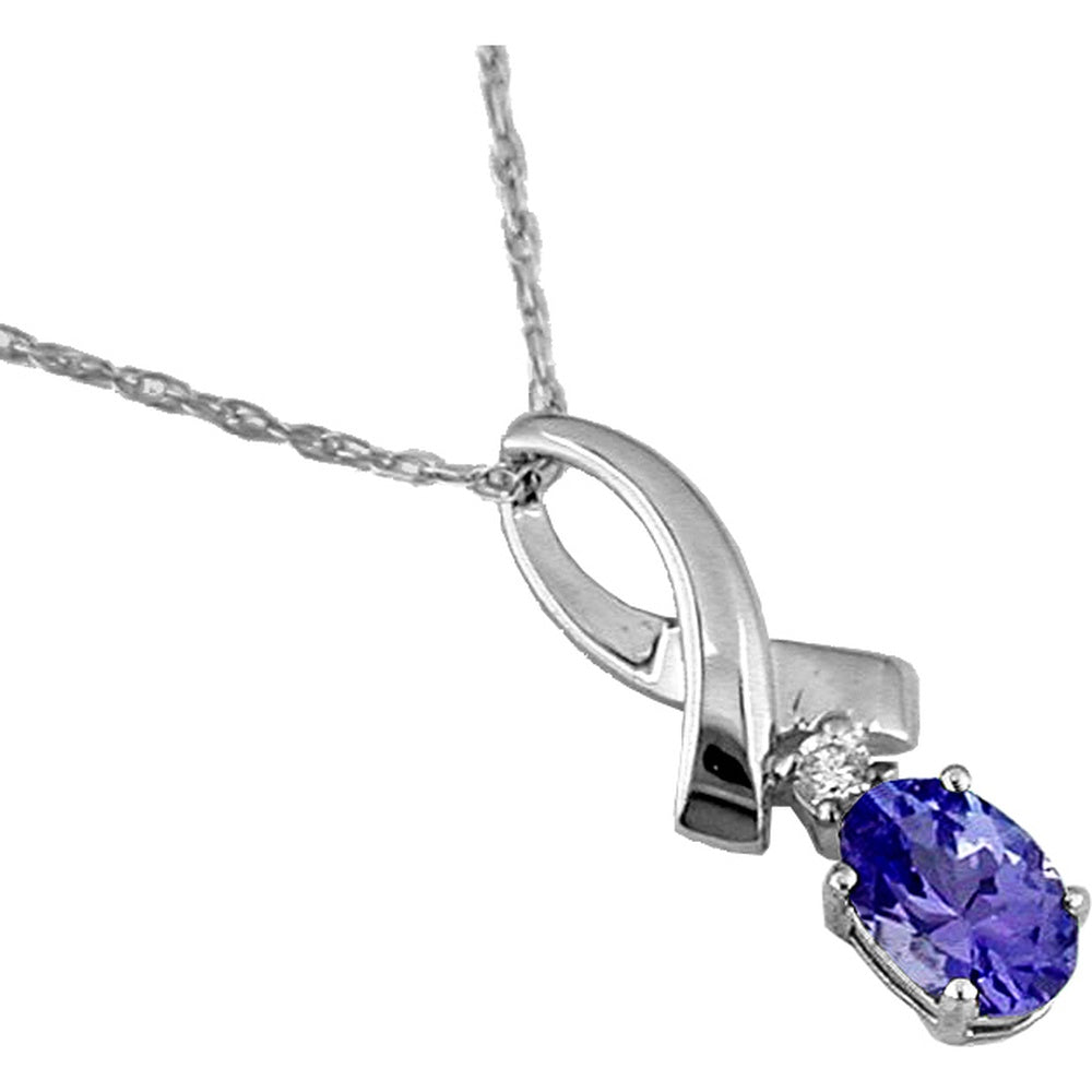 14K White Gold Pendant Necklace with Oval Tanzanite and Round Diamond Accent - 0.35 Carat Tanzanite and 0.03 Carat Diamond - Royal Jewelry