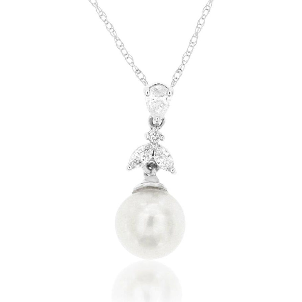 14K White Gold Pendant Necklace with Pear Shaped Pearl and Prong Set Round and Marquise Diamonds - 0.19 Carat Total Diamond Weight - Royal Jewelry