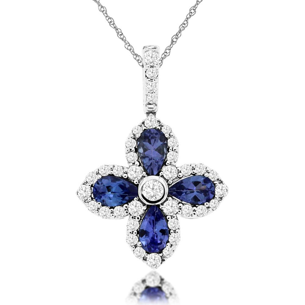 14K White Gold Pendant Necklace with Pear Shaped Tanzanite and Diamond Halo - 0.85 Carat Tanzanite Total Weight, 0.40 Carat Center Diamond - Royal Jewelry