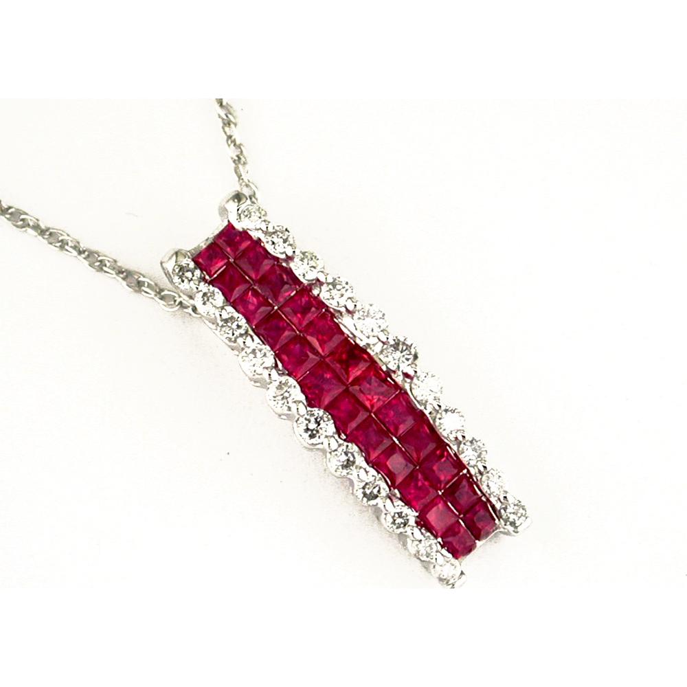 14K White Gold Pendant Necklace with Princess Cut Ruby Bar and Round Diamond Border - 1.30 Carat Ruby Total Weight, 0.50 Carat Diamond Total Weight - Royal Jewelry