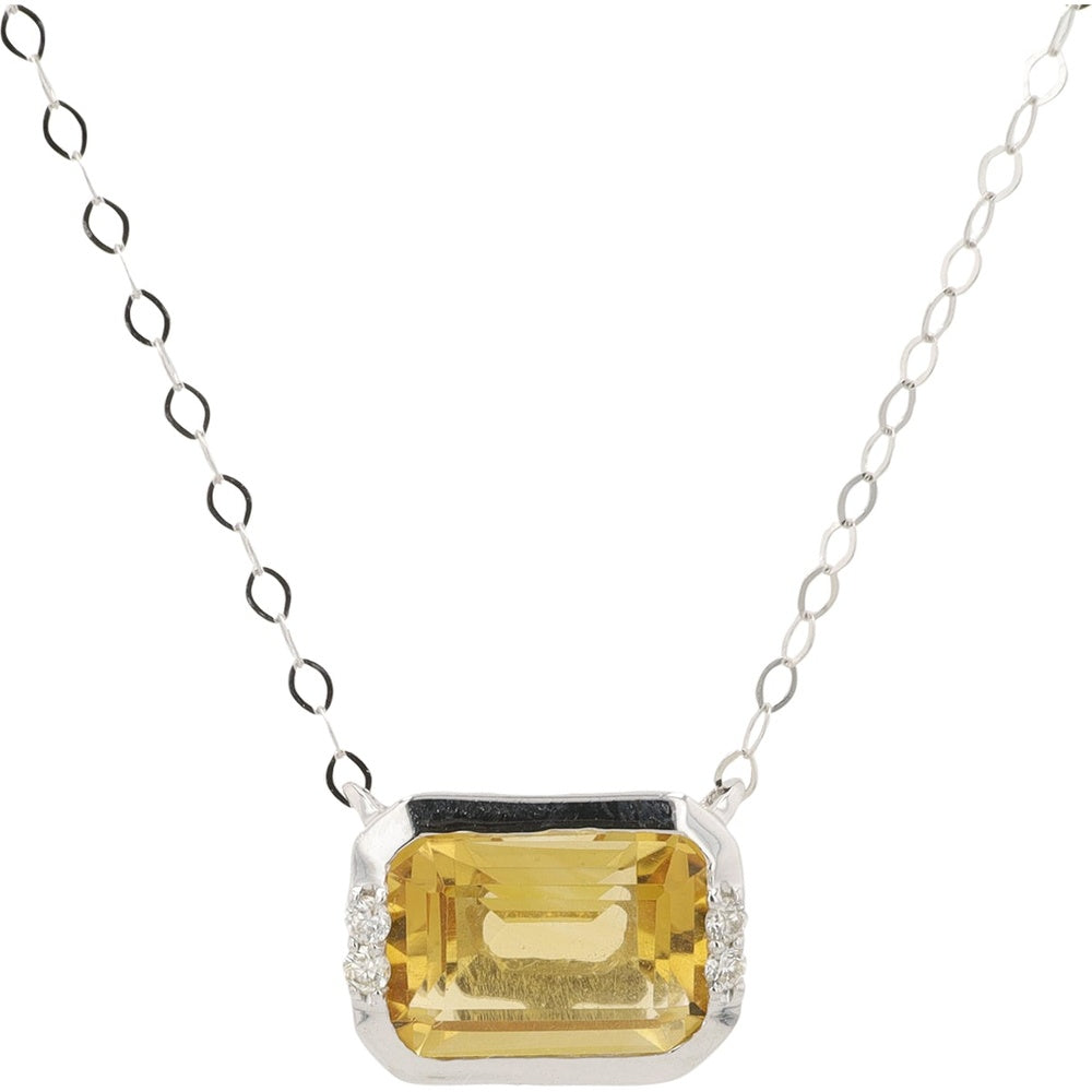 14K White Gold Pendant Necklace with Rectangular Citrine and Diamond Accents - 1.20 Carat Total Citrine Weight