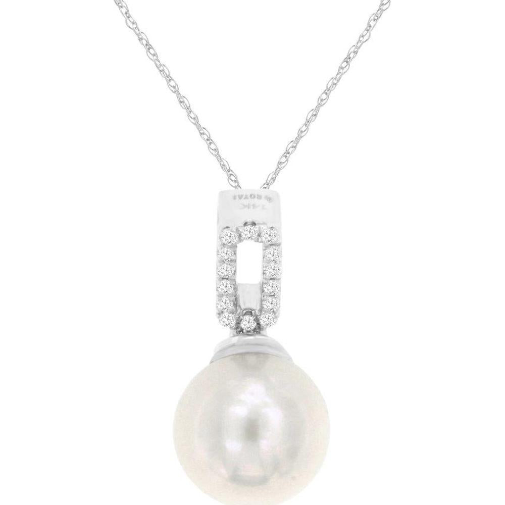 14K White Gold Pendant Necklace with Round Brilliant Diamonds (0.05 Carat Total Weight) and a Lustrous Pearl - Royal Jewelry