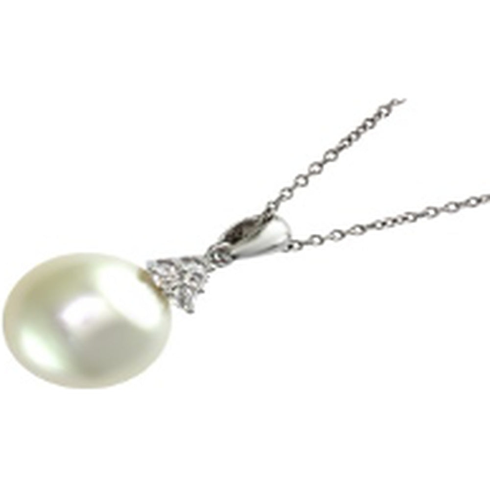 14K White Gold Pendant Necklace with South Sea Pearl and Diamond Accent Bail - 0.07 Carat Total Diamond Weight, 18 Inch Chain