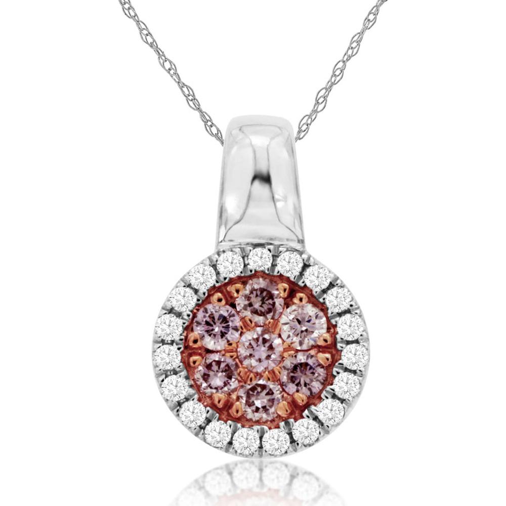 14K White Gold Pendant with 0.33 Carats Total Pink and White Diamonds - A Halo Design of Timeless Elegance
