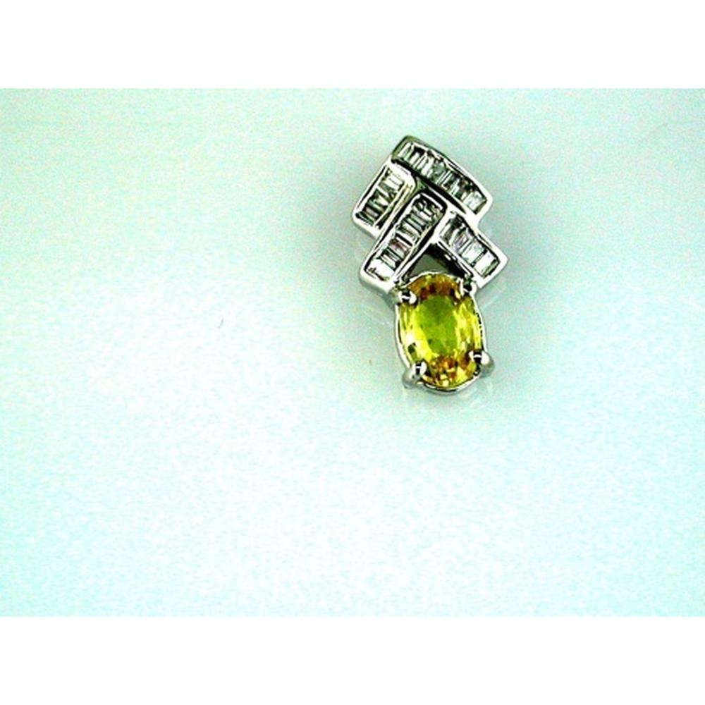 14K White Gold Pendant with 0.50 Carat Oval Yellow Sapphire and 0.12 Carat Baguette Diamond Cluster - Royal Jewelry
