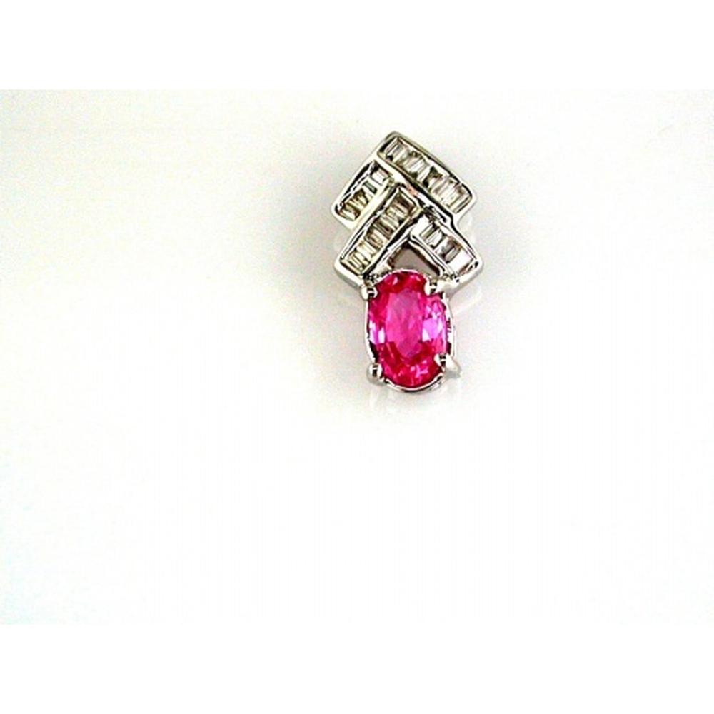 14K White Gold Pendant with 0.65 Carat Oval Pink Sapphire and 0.12 Carat Baguette Diamonds - Royal Jewelry
