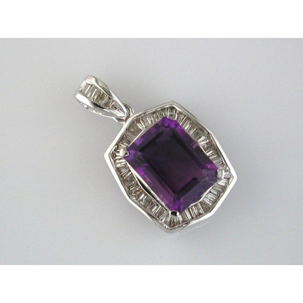 14K White Gold Pendant with 2.00 Carat Emerald Cut Amethyst and 0.25 Carat Baguette Diamond Halo - Royal Jewelry