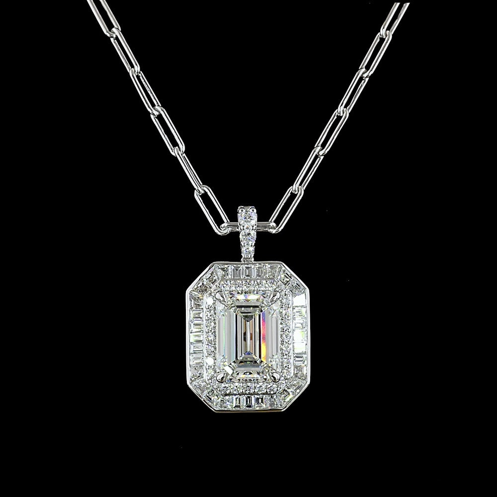 14K White Gold Pendant with 5.05 Carat Emerald Cut Lab Diamond & Mixed Shape Accent Diamonds - 6.81 Carat Total Weight - Covaloro Fine Jewelry