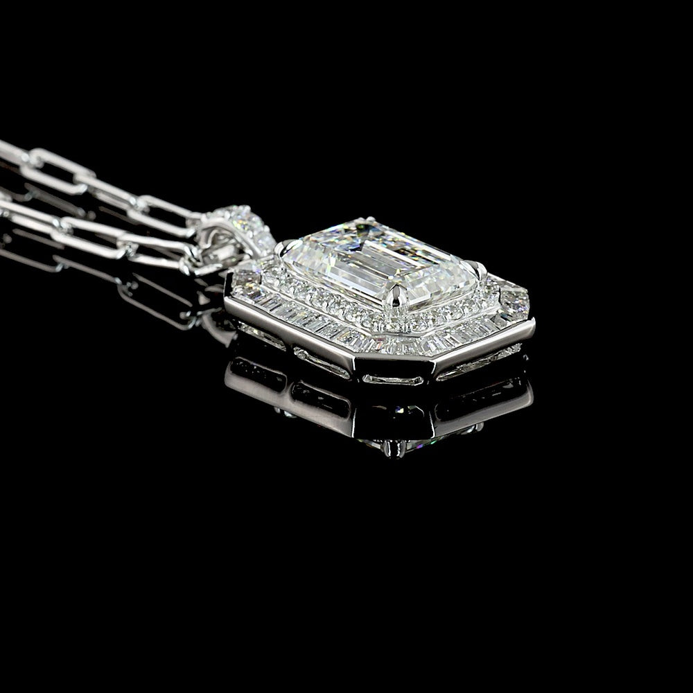 14K White Gold Pendant with 5.05 Carat Emerald Cut Lab Diamond & Mixed Shape Accent Diamonds - 6.81 Carat Total Weight - Covaloro Fine Jewelry