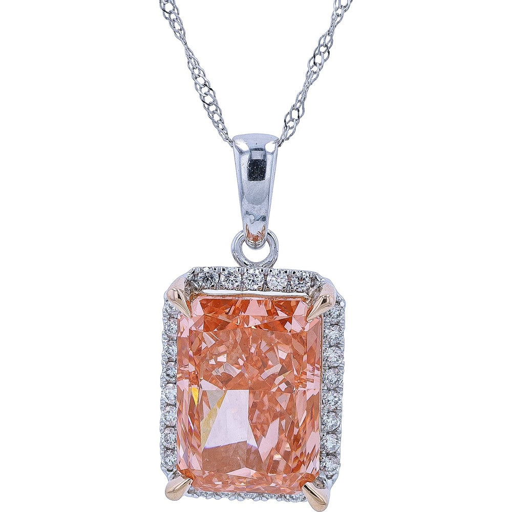 14K White Gold Pendant with 5.50 Carat Pink Radiant Cut Lab Grown Diamond and Diamond Halo - 5.75 Carat Total Diamond Weight