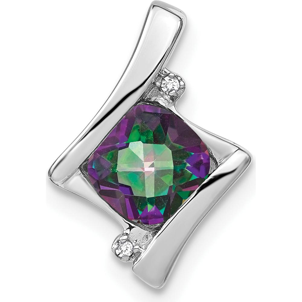 14K White Gold Pendant with 6mm Cushion Mystic Fire Topaz and Diamond Side Stones - 5.1 Carat Mystic Fire Topaz, 0.005 Carat Diamond by Lumare Gioia