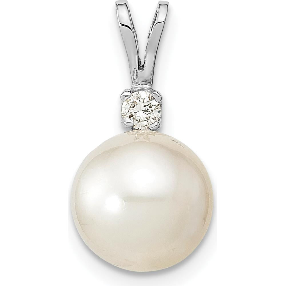 14K White Gold Pendant with 9-10mm South Sea White Round Cultured Pearl and 0.05 Carat Diamond - Classic Pearl and Diamond Pendant by Monteluci Fine Jewelry