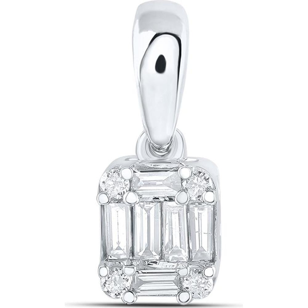14K White Gold Pendant with Channel-Set Baguette Diamonds and Prong-Set Round Accents - 0.14 Carat Total Diamond Weight