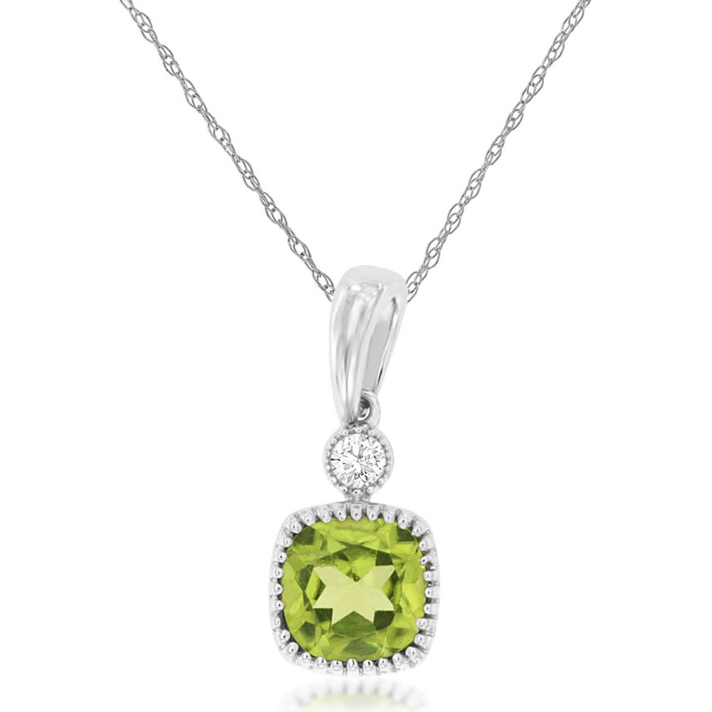 14K White Gold Pendant with Cushion-Cut Peridot and Round Diamond Accent - 0.61 Carat Peridot and 0.03 Carat Total Diamond Weight - Royal Jewelry