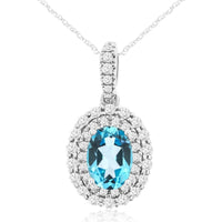 14K White Gold Pendant with Double Halo Pave-Set Diamonds and Oval Blue Topaz - 0.85 Carat Blue Topaz and 0.39 Carat Diamond Total Weight - Royal Jewelry