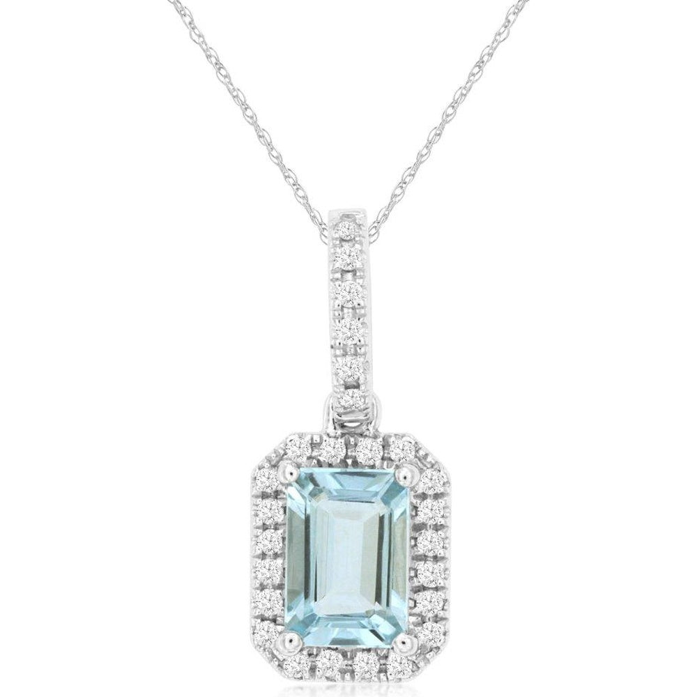 14K White Gold Pendant with Emerald-Cut Aquamarine and Diamond Halo - 0.85 Carat Aquamarine and 0.13 Carat Total Diamond Weight - Royal Jewelry