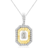 14K White Gold Pendant with Emerald-Cut Diamond Center, Yellow Gold Sunburst Halo and Round Diamond Outer Frame - 0.27 Carat Total Diamond Weight - Royal Jewelry