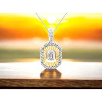 14K White Gold Pendant with Emerald-Cut Diamond Center, Yellow Gold Sunburst Halo and Round Diamond Outer Frame - 0.27 Carat Total Diamond Weight - Royal Jewelry