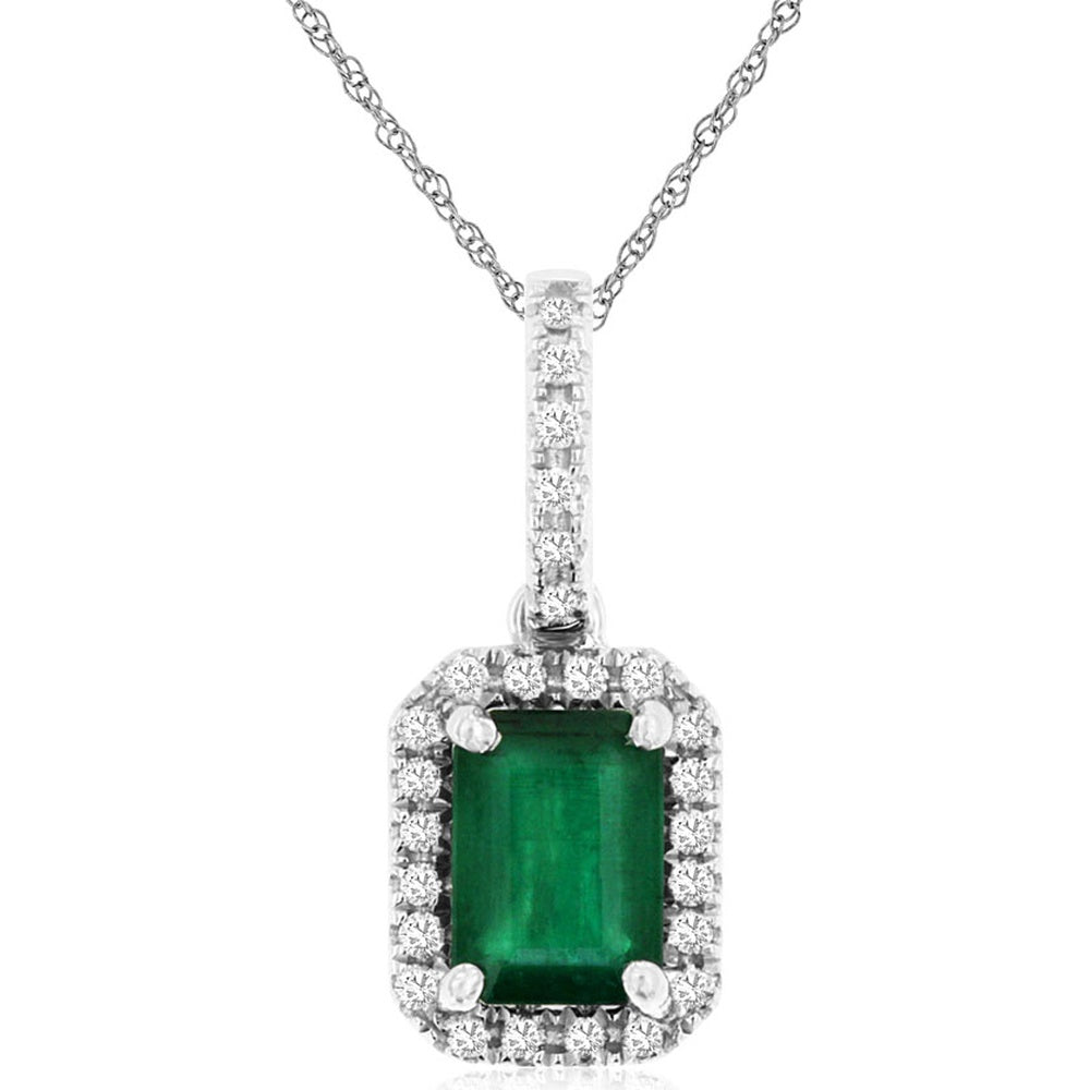 14K White Gold Pendant with Emerald Cut Emerald and Diamond Halo – 1.00 Carat Emerald and 0.13 Carat Total Diamond Weight - Royal Jewelry