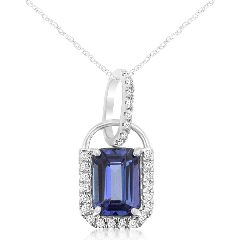 14K White Gold Pendant with Emerald-Cut Tanzanite and Diamond Halo - 1.15 Carat Tanzanite and 0.10 Carat Total Diamond Weight - Royal Jewelry