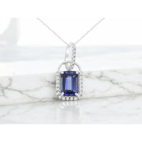 14K White Gold Pendant with Emerald-Cut Tanzanite and Diamond Halo - 1.15 Carat Tanzanite and 0.10 Carat Total Diamond Weight - Royal Jewelry