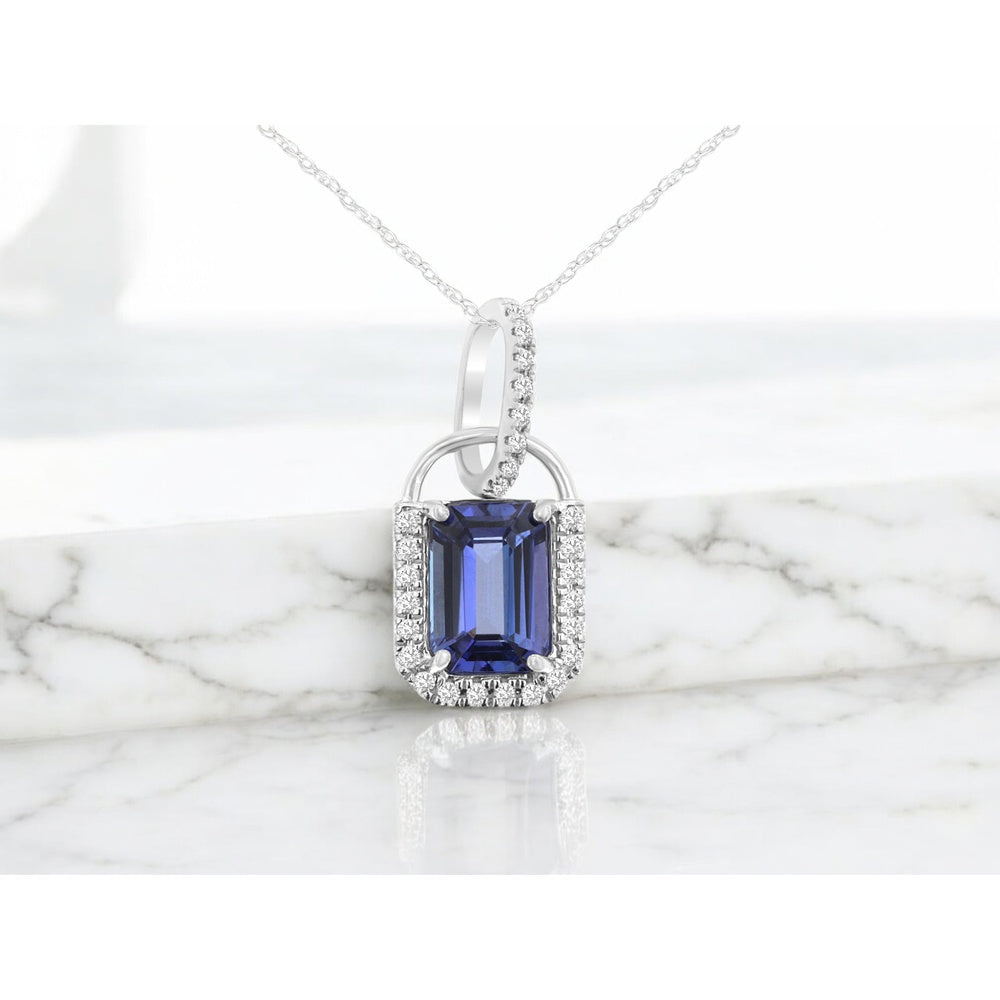 14K White Gold Pendant with Emerald-Cut Tanzanite and Diamond Halo - 1.15 Carat Tanzanite and 0.10 Carat Total Diamond Weight - Royal Jewelry