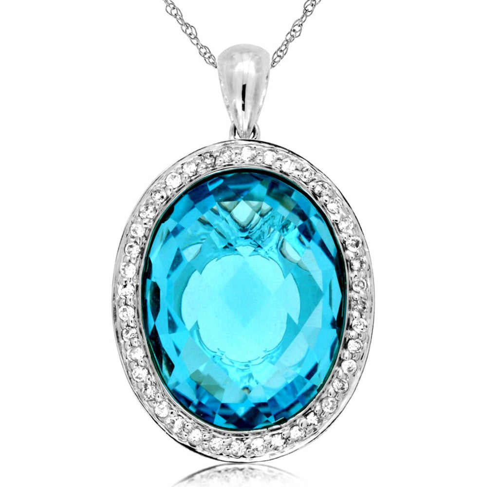 14K White Gold Pendant with Halo-Set Round Diamonds and Oval Blue Topaz Center Stone - 11.50 Carat Blue Topaz & 0.24 Carat Total Diamond Weight - Royal Jewelry