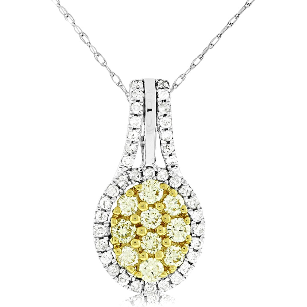 14K White Gold Pendant with Halo Set Round White Diamonds and Clustered Round Yellow Diamonds - 0.71 Carat Total Diamond Weight - Royal Jewelry