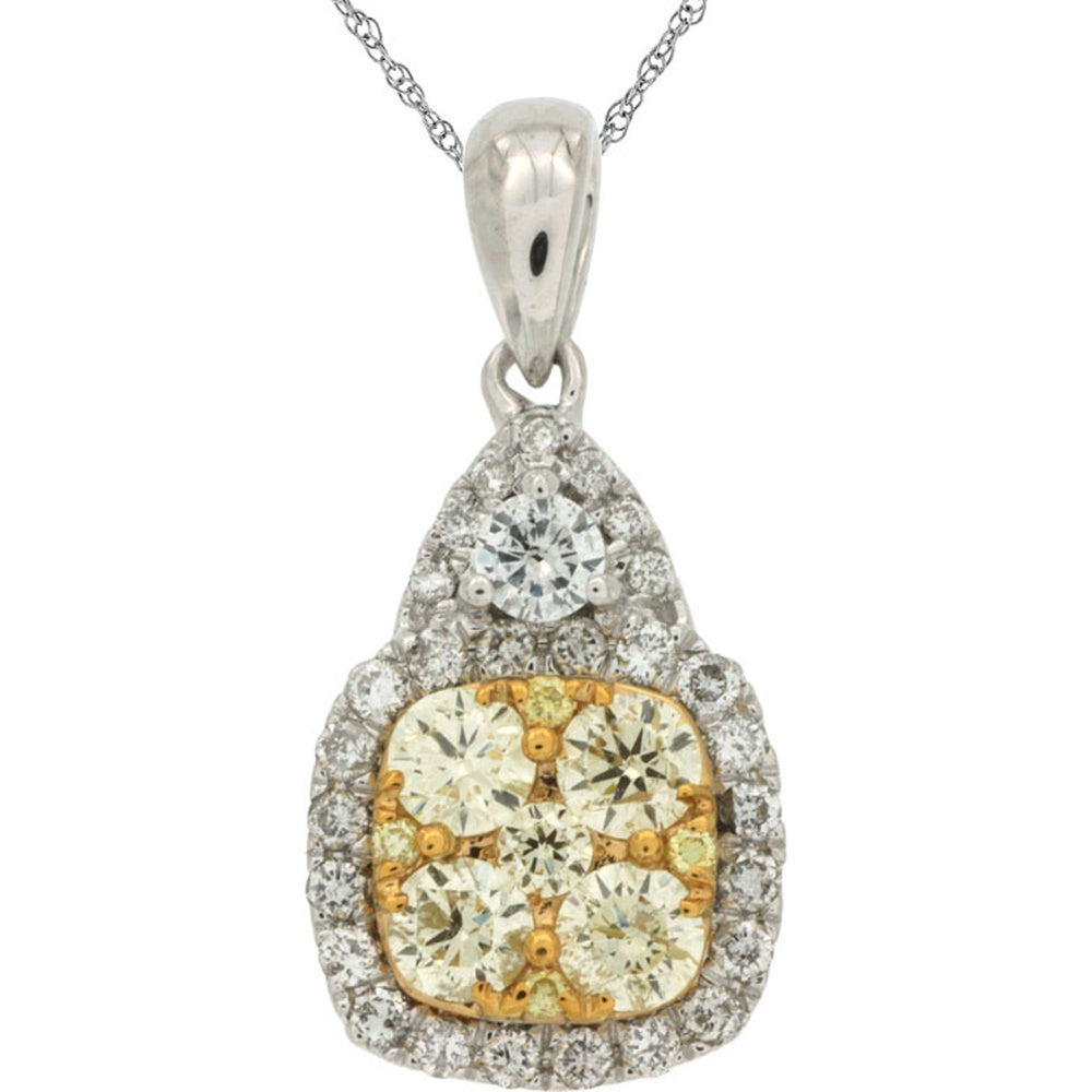 14K White Gold Pendant with Halo-Set White Diamonds and 0.58 Carat Round Yellow Diamond Cluster - Royal Jewelry
