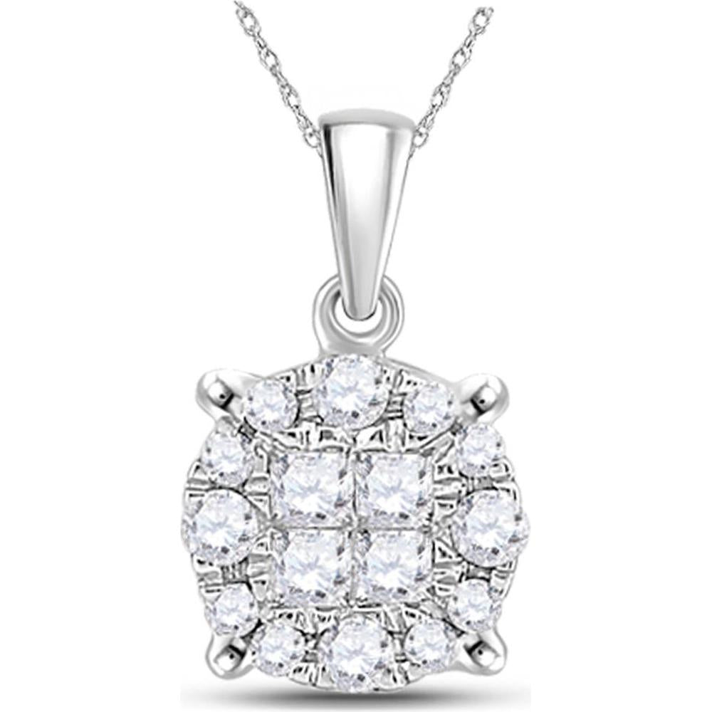 14K White Gold Pendant with Invisible-Set Princess and Round Diamond Halo - 1/6 Carat Total Diamond Weight
