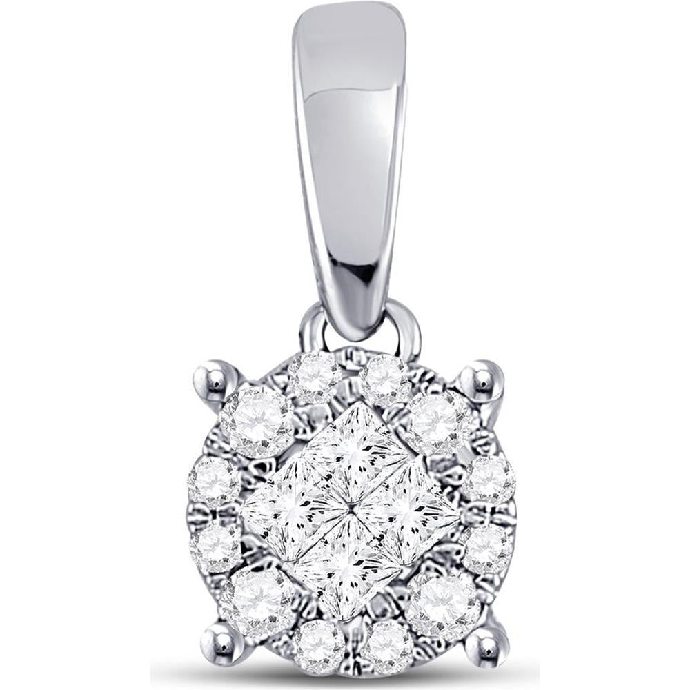 14K White Gold Pendant with Invisible-Set Princess and Round Diamond Halo - 1/6 Carat Total Diamond Weight