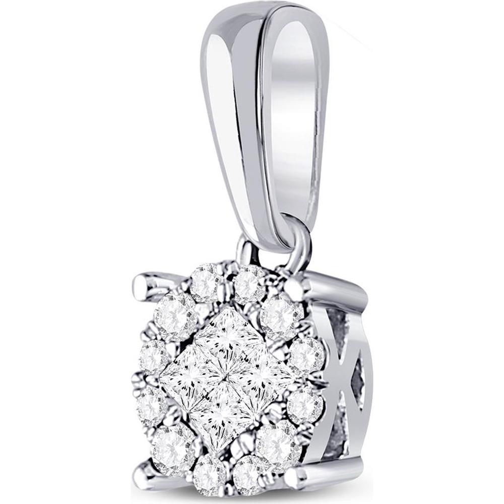 14K White Gold Pendant with Invisible-Set Princess and Round Diamond Halo - 1/6 Carat Total Diamond Weight