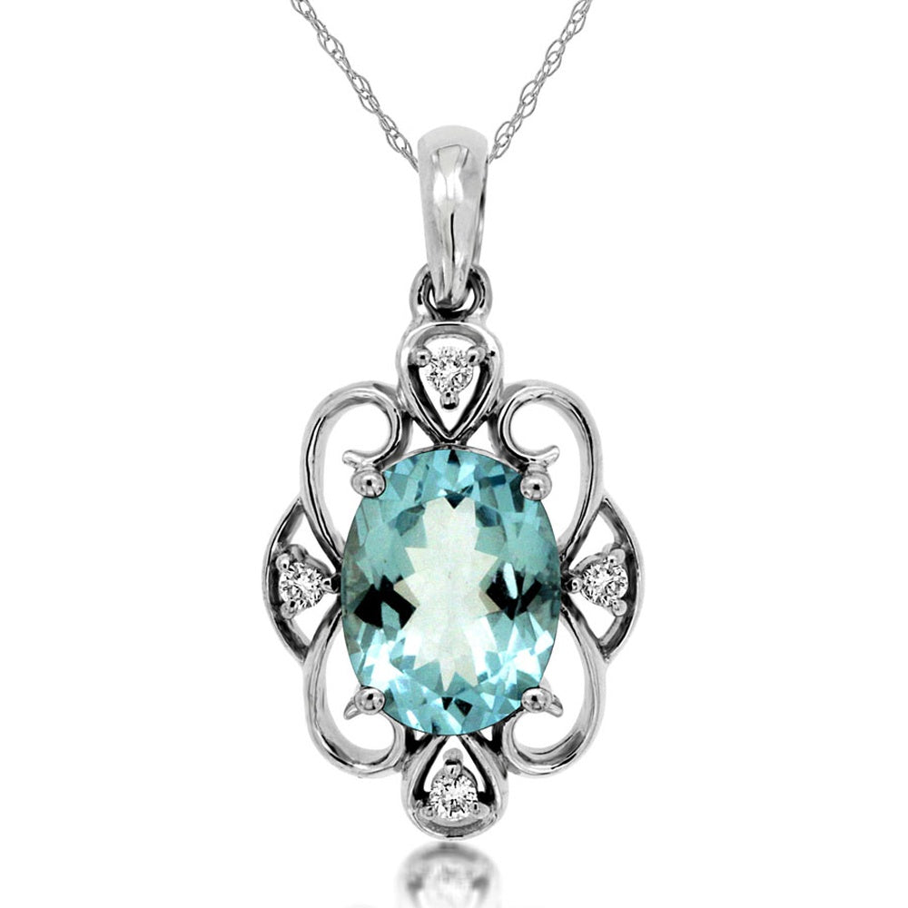 14K White Gold Pendant with Oval Aquamarine and Round Diamond Accents - 1.10 Carat Aquamarine and 0.04 Carat Total Diamond Weight - Royal Jewelry