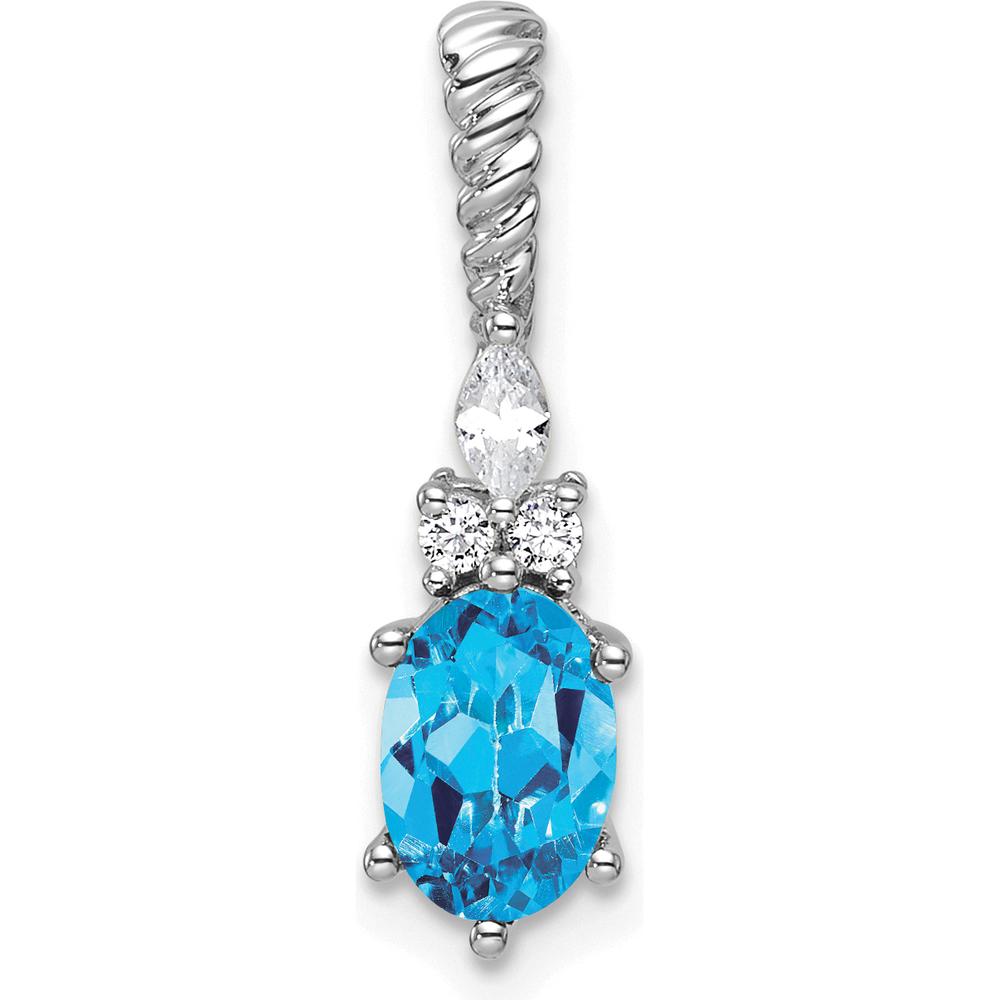 14K White Gold Pendant with Oval Blue Topaz and Round & Marquise Diamonds - 0.70 Carat Total Diamond Weight by Oro Pregiato
