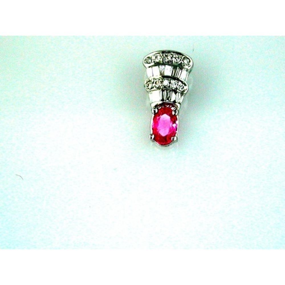 14K White Gold Pendant with Oval Pink Sapphire and Baguette Diamonds - 0.30 Carat Pink Sapphire and 0.15 Carat Diamond Weight - Royal Jewelry