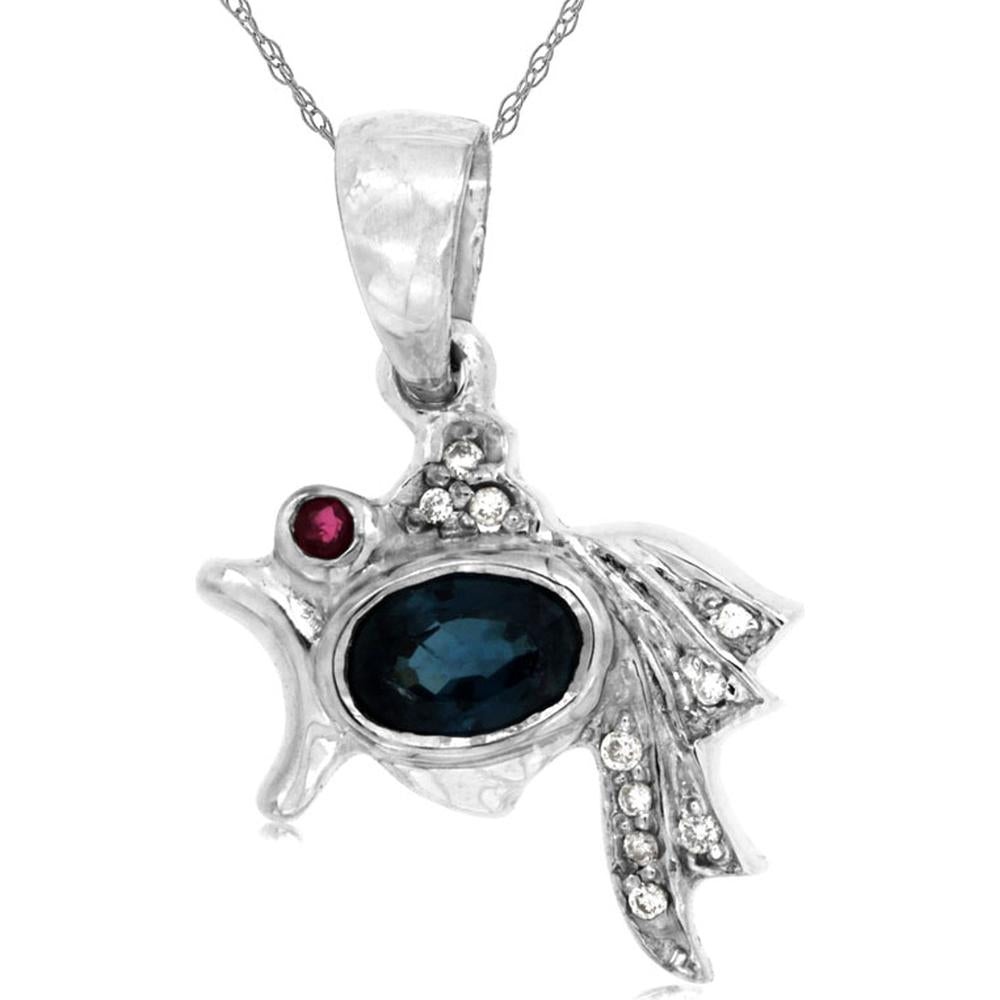 14K White Gold Pendant with Oval Sapphire, Ruby Eye Accent, and Round Diamond Fin Details - 0.50 Carat Sapphire & 0.04 Carat Ruby - Royal Jewelry