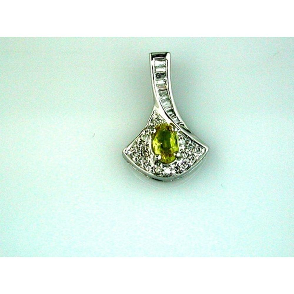 14K White Gold Pendant with Oval Yellow Sapphire, Baguette and Round Diamond Accents - 0.32 Carat Yellow Sapphire, 0.15 Carat Total Diamond Weight - Royal Jewelry