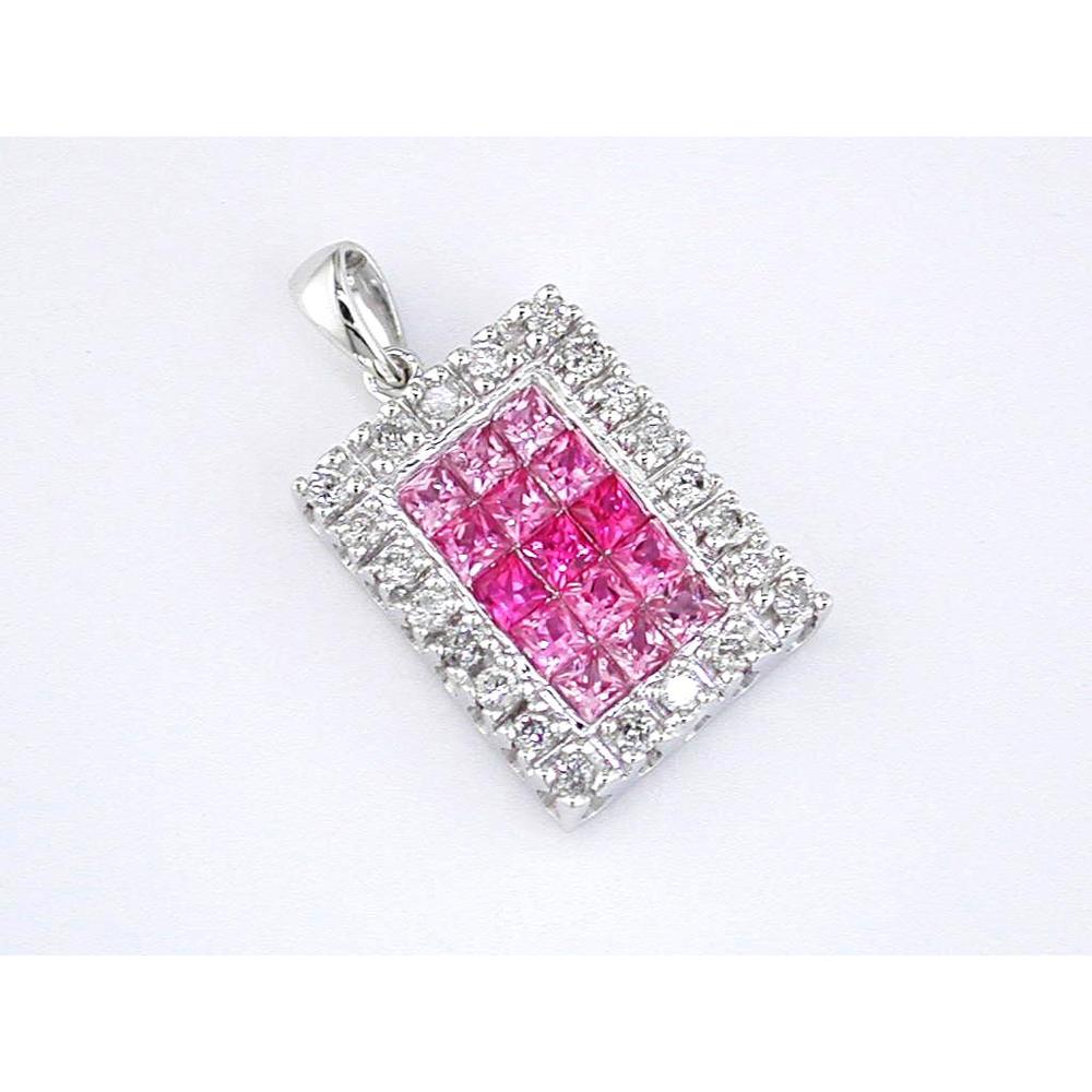 14K White Gold Pendant with Princess Cut Pink Sapphire and Round Diamonds - 1.30 Carats Total Carat Weight