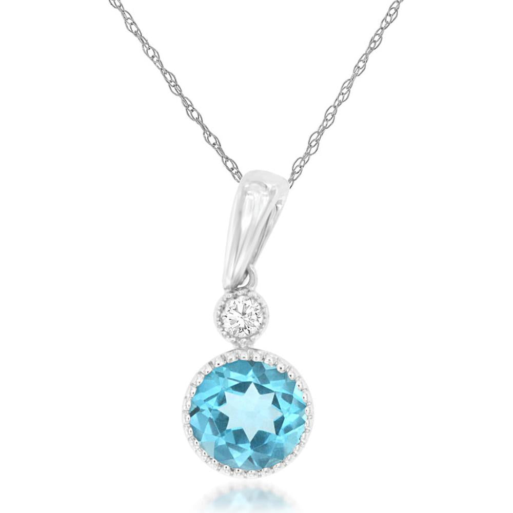 14K White Gold Pendant with Round Blue Topaz and Diamond Accent - 0.61 Total Carat Weight - Royal Jewelry