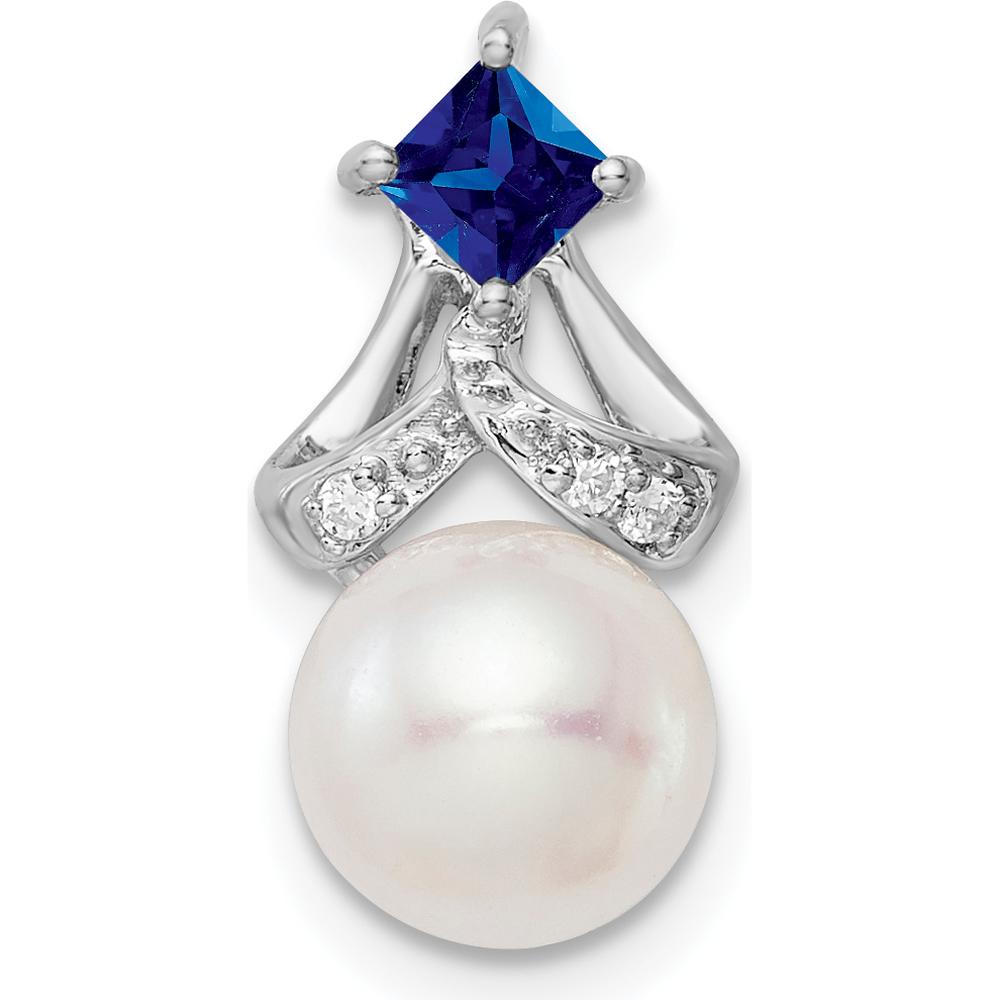 14K White Gold Pendant with Round Freshwater Cultured Pearl, Square Sapphire, and Round Diamonds - 0.024 Carat Total Diamond Weight by Monteluci Fine Jewelry