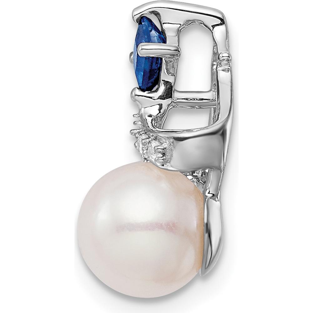 14K White Gold Pendant with Round Freshwater Cultured Pearl, Square Sapphire, and Round Diamonds - 0.024 Carat Total Diamond Weight by Monteluci Fine Jewelry