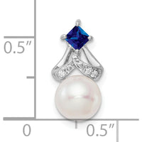 14K White Gold Pendant with Round Freshwater Cultured Pearl, Square Sapphire, and Round Diamonds - 0.024 Carat Total Diamond Weight by Monteluci Fine Jewelry