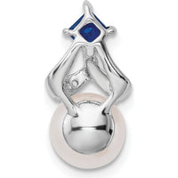 14K White Gold Pendant with Round Freshwater Cultured Pearl, Square Sapphire, and Round Diamonds - 0.024 Carat Total Diamond Weight by Monteluci Fine Jewelry