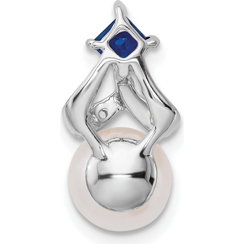 14K White Gold Pendant with Round Freshwater Cultured Pearl, Square Sapphire, and Round Diamonds - 0.024 Carat Total Diamond Weight by Monteluci Fine Jewelry
